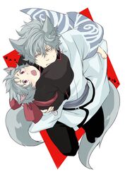  2boys adult animal_ears dual_persona fox_ears fox_tail from_above gintama grey_hair japanese_clothes kemonomimi_mode multiple_boys red_eyes rokkasana sakata_gintoki silver_hair tail young 