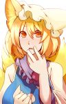  :o animal_ears blonde_hair blush breasts bust dearmybrothers fox_ears fox_tail hand_to_mouth highres looking_at_viewer multiple_tails solo tail touhou yakumo_ran yellow_eyes 
