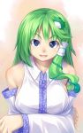  :d absurdres bare_shoulders blue_eyes bust detached_sleeves frog_hair_ornament green_hair hair_ornament hair_tubes highres kasei_(xyz) kochiya_sanae long_hair looking_at_viewer open_mouth pinky_out smile snake solo touhou 