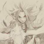  &gt;:) bird chigen feathers graphite_(medium) jing jing_king_of_bandits kir_(jing_king_of_bandits) male monochrome outstretched_arm sketch smile traditional_media 