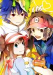  1girl 2boys bad_id blue_eyes blue_hair bow brown_eyes brown_hair double_bun fingerless_gloves gloves heart heart_of_string hue_(pokemon) jacket kyouhei_(pokemon) long_hair looking_at_viewer mei_(pokemon) multiple_boys oshawott pokemon pokemon_(creature) pokemon_(game) pokemon_bw2 red_eyes short_hair smile snivy spiked_hair spiky_hair tepig twintails visor_cap xxxceller yellow_background 