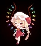  ascot black_background blonde_hair blush chibi flandre_scarlet haruwakame hat hat_ribbon long_hair no_nose open_mouth outstretched_arm red_eyes ribbon short_hair side_ponytail skirt skirt_set solo touhou very_long_hair wings wink wrist_cuffs 