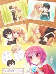  1boy 2girls :d ^_^ asuna_(sao) beach black_eyes black_hair blank_eyes blonde_hair blush brown_eyes closed_eyes collarbone commentary empty_eyes eyes_closed hand_holding hatomugi_(hato6g) holding holding_hands kirito lisbeth long_hair multiple_girls open_mouth picture_(object) pink_hair red_eyes sandwich shaded_face short_hair sleeping smile sweat sword_art_online translated translation_request |_| 
