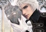  blue_eyes blurry depth_of_field face gloves grey light_smile lips looking_at_viewer male mask negshin original photorealistic scar silver_hair solo white window 