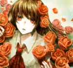  black_hair flower fuyuyuki_gekka highres ib ib_(ib) long_hair red_eyes red_rose rose shirt solo white_shirt 