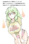  :&lt; boyshorts breasts brown_eyes cleavage copyright_request glasses green_hair large_breasts leaning_forward long_hair looking_at_viewer navel short_shorts shorts translation_request ueyama_michirou 