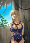  1girl arms_behind_back blonde_hair breasts chain chained chains cleavage gloves green_eyes highres kagura_dfc large_breasts long_hair looking_away panties solo sophitia_alexandra soul_calibur soulcalibur torn_clothes torn_gloves underwear 