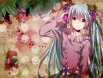  food fruit grapes hand_on_headphones hatsune_miku headphones long_hair musical_note solo sweater tsujiori twintails very_long_hair vocaloid 