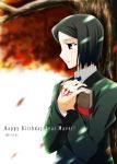  a_k_1 bangs birthday black_eyes black_hair book command_spell fate/zero fate_(series) green_eyes happy_birthday parted_bangs smile solo tree waver_velvet 