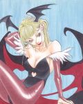  arm_up bare_shoulders blue_background bridal_gauntlets demon_wings flat_gaze hand_behind_head head_wings heart lipstick makeup marker_(medium) morrigan_aensland pantyhose purple_legwear red_lipstick shiny sitting solo tamamiso traditional_media vampire_(game) wings 