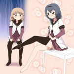  7001 blonde_hair blue_hair braid dressing envy furutani_himawari legs long_hair multiple_girls oomuro_sakurako pantyhose pantyhose_pull school_uniform serafuku single_thighhigh sitting standing thighhighs twin_braids yuru_yuri 