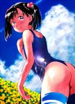  black_hair blue_eyes blush cloud clouds hair_bobbles hair_ornament looking_back one-piece_swimsuit open_mouth original short_hair sky smile solo swimsuit thigh-highs thighhighs twintails uekan wet 