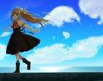  blonde_hair blue_eyes cloud clouds highres kamio_misuzu long_hair outstretched_arms ponytail restaint school_uniform spread_arms 