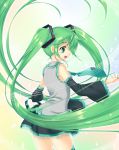  bad_id detached_sleeves earrings floating_hair green_eyes green_hair hatsune_miku jewelry long_hair musical_note nail_polish necktie open_mouth p.kibi skirt solo thigh-highs thighhighs twintails very_long_hair vocaloid 