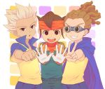  3boys brown_hair cape clenched_hand endou_mamoru goggles gouenji_shuuya grin hairlocs headband inazuma_eleven inazuma_eleven_(series) kidou_yuuto male multiple_boys raimon shiho_(pixiv) short_hair smile soccer_uniform spiky_hair v white_hair 