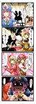  4koma aki_minoriko aki_shizuha black_hair blonde_hair blush_stickers bow comic detached_sleeves food fruit futari_wa_precure grapes hair_tubes hakurei_reimu hat heart highres mami_mogu_mogu multiple_girls parody partially_translated pink_hair precure saigyouji_yuyuko sharp_teeth short_hair tenko_(gintenko) touhou translation_request vore 