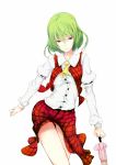  ascot bad_anatomy colored dress_shirt green_hair highres kazami_yuuka mizukusa_aoba parasol plaid plaid_skirt plaid_vest red_eyes shirt short_hair simple_background skirt smile solo touhou umbrella white_background 