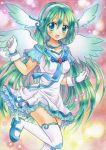  bad_id dress frilly gloves green_eyes green_hair happy hatsune_miku head_wings jewelry leg_lift long_hair marker_(medium) mary_janes medium_breasts muraten necklace open_mouth shoes solo thigh-highs thighhighs traditional_media very_long_hair vocaloid wings 