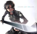  black_eyes black_hair fingerless_gloves gloves highres holding kirito looking_at_viewer male smile solo sword sword_art_online title_drop weapon yamaki_suzume 