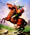  butiboco cape fine_art_parody gloves hat highres horse link male napoleon_bonaparte napoleon_crossing_the_alps navi parody pointy_ears sword the_legend_of_zelda triforce weapon 