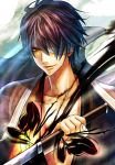  bandage_over_one_eye brown_eyes butterfly gintama haru_(toyst) japanese_clothes katana kimono purple_hair solo sword takasugi_shinsuke weapon 