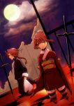  1girl blue_eyes braid brother_and_sister chinese_clothes domco full_moon gintama hair_bun japanese_clothes kagura_(gintama) kamui kimono long_hair moon red_hair redhead short_kimono siblings single_braid striped striped_legwear thigh-highs thighhighs 