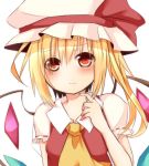  ascot blonde_hair blush bust flandre_scarlet hat hat_ribbon puffy_sleeves red_eyes ribbon shirt short_sleeves side_ponytail solo tears tosura-ayato touhou vest wings 