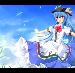 blue_hair blush bow cloud clouds food fruit hat hinanawi_tenshi leaf long_hair long_skirt open_mouth outdoors peach puffy_sleeves red_eyes ribbon short_sleeves skirt sky solo touhou uumenn wind