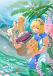  barefoot blonde_hair breasts butterfly cassandra_alexandra child cleavage comb combing_hair dress dutch_angle family flower frog green_eyes hair_flower hair_ornament hairband highres kagura_dfc ladybug long_hair mother_and_daughter multiple_girls palm_tree petals pyrrha_alexandra shield short_sword siblings sisters sophitia_alexandra soul_calibur soulcalibur sword tree twintails weapon young 
