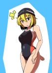  1girl blonde_hair blush lunasa_prismriver midori_niku one-piece_swimsuit open_mouth solo swim_cap swimsuit touhou yellow_eyes 