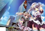  absurdres aqua_legwear black_legwear breasts brown_hair building cleavage copyright_request frilled_legwear frilled_thighhighs grey_hair highres hisuitei huge_filesize izumi_tsubasu maid maid_headdress multiple_girls perspective purple_eyes short_twintails skirt skirt_lift striped striped_legwear thigh-highs thighhighs twintails violet_eyes 