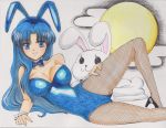  asakura_ryouko blue_eyes blue_hair breasts bunny bunny_ears bunnysuit fishnet_legwear fishnet_pantyhose fishnets high_heels highres long_hair lying marker_(medium) moon on_side pantyhose rabbit rabbit_ears rascal_(n119) shoes simple_background smile suzumiya_haruhi_no_yuuutsu traditional_media wrist_cuffs 