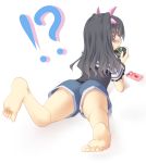  !? 1girl alternate_costume ass barefoot black_hair blush bow casual choujigen_game_neptune choujigen_game_neptune_mk2 feet hair_bow hair_ornament kami_jigen_game_neptune_v long_hair looking_at_viewer looking_back minagi playstation_portable pocky red_eyes shorts side_glance soles solo toes uni_(choujigen_game_neptune) 