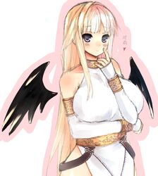  bare_shoulders blonde_hair blue_eyes blush breasts half_updo heart highres huge_breasts large_breasts light_smile long_hair mabinogi mabinogi_heroes morrighan morrighan_(cosplay) solo tieve translation_request tsukimi_(pixiv) wings 