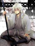  clearbluee gintama japanese_clothes katana red_eyes sakata_gintoki sheath sheathed solo sword weapon white_hair young 