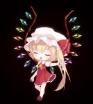  ascot black_background blonde_hair blush chibi closed_eyes eyes_closed flandre_scarlet haruwakame hat hat_ribbon long_hair no_nose open_mouth outstretched_arm ribbon short_hair side_ponytail skirt skirt_set solo touhou very_long_hair wings wrist_cuffs 