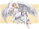  angel_(tekken) angel_wings anklet bare_shoulders barefoot blonde_hair blue_eyes breasts circlet dress feathered_wings feet jewelry kylance namco pants short_hair solo tekken tekken_2 tekken_tag_tournament tekken_tag_tournament_2 vambraces white_dress wings 