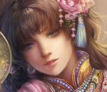  axis_powers_hetalia blue_eyes brown_hair chinese_clothes close-up cropped earrings eyelashes face flower hair_flower hair_ornament jewelry jiuge lips looking_at_viewer original pink_rose realistic rose taiwan_(hetalia) 