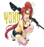  bikini_top boots fingerless_gloves gloves gun navel pink_legwear ponytail red_hair redhead scarf short_shorts shorts smile solo tengen_toppa_gurren_lagann thigh-highs thighhighs tiga2 weapon wink yellow_eyes yoko_littner 