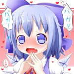  blue_eyes blue_hair blush bow bust cirno face fang hair_bow hands_together heart highres makuran open_mouth shirt short_hair solo tears touhou translated translation_request 
