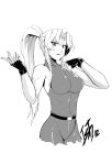  absurdres bare_shoulders belt bodysuit breasts bust fingerless_gloves gloves hair_intakes halterneck high_ponytail highres impossible_clothes ishquid large_breasts long_hair monochrome no_legs sarah_bryant solo virtua_fighter 