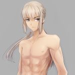  bedivere blue_eyes earrings fate/stay_night fate_(series) grey_background jewelry ladymarta long_hair official_style ponytail purple_eyes shirtless simple_backgroud simple_background solo violet_eyes white_hair 