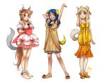  animal_ears anklet barefoot blush brown_hair dress food_themed_clothes hair_ornament hair_ribbon jewelry long_hair meago multiple_girls original ribbon sandals sleepwear slippers tail 