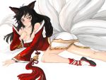  1girl ahri animal_ears bare_shoulders black_hair blush braid breasts cleavage collarbone detached_sleeves fox_ears fox_tail greatest_(artist) large_breasts league_of_legends long_hair lying multiple_tails shoes solo tail white_background yellow_eyes 
