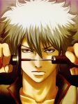  bad_id gintama katana red_eyes sakata_gintoki sawao_(kenban2) sheath silver_hair solo sword unsheathing weapon 