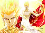  1boy armlet blonde_hair bracelet command_spell earrings fate/zero fate_(series) gilgamesh goblet jewelry necklace neotheone red_eyes solo toga zoom_layer 