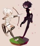  2boys 2girls albino androgynous arrow black_hair black_legwear bow bow_(weapon) enderman faux_figurine minecraft multiple_boys multiple_girls pants personification purple_eyes quiver red_eyes rooseputo_02 sepia_background shirt short_hair shorts skeleton_(minecraft) smile sparkle thighhighs weapon white_hair 