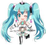  1girl ;d aoba_mina aqua_eyes aqua_hair blush chibi closed_umbrella detached_sleeves gloves hatsune_miku long_hair lowres midriff navel no_nose open_mouth race_queen smile solo standing_on_one_leg thighhighs twintails umbrella very_long_hair vocaloid white_background wink 