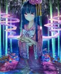  black_hair blush bow bunny flower hair_flower hair_ornament holding houraisan_kaguya japanese_clothes long_hair looking_at_viewer neo-masterpeacer partially_submerged rabbit red_eyes solo tears touhou 