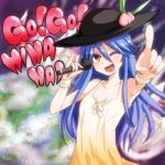  bare_shoulders blue_eyes dress fang food fruit hat hinanawi_tenshi long_hair microphone open_mouth peach red_eyes smile solo takorice touhou wink 